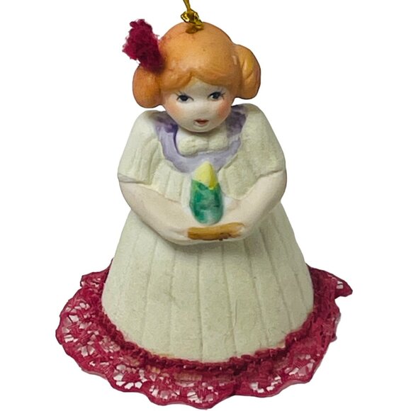 Porcelain Christmas Ornament Girl Holding Candle Bell Jasco Vintage - Picture 1 of 10